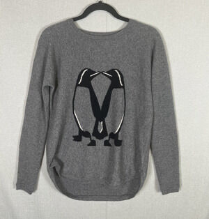 Garnet Hill 100% Cashmere Sweater Womens Size Medium Gray Penguin Love Hearts